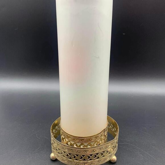 Vintage Frosted Glass Hurricane Candle Holder w/ Metal Base Hand Painted - Picture 4 of 7